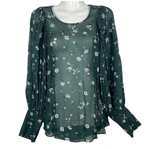 Country Road Tops - Country Road Blouse Top Green White Floral Long Sleeve Sheer Lightweight Size 8